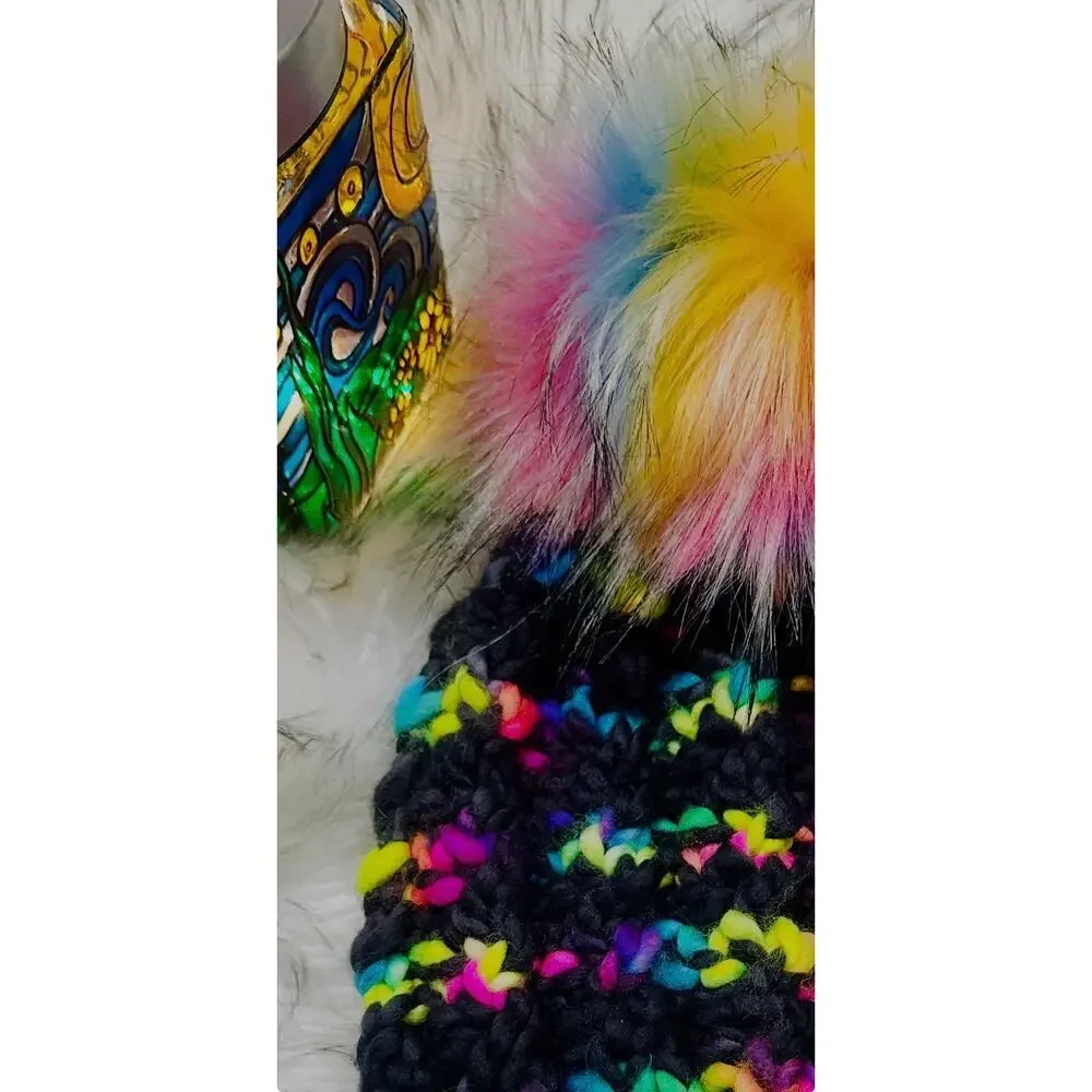 Hand Knit Merino Wool Beanie: Twist Knit Hat with Faux Fur Pom